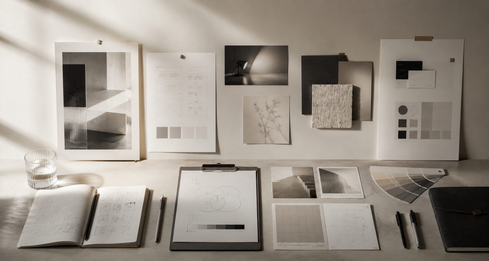 Studio desk with wireframes, sketches and material swatches