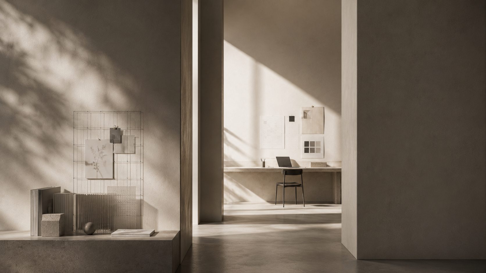 The Paradoxical studio interior, with a desk and pinned studies seen through a doorway