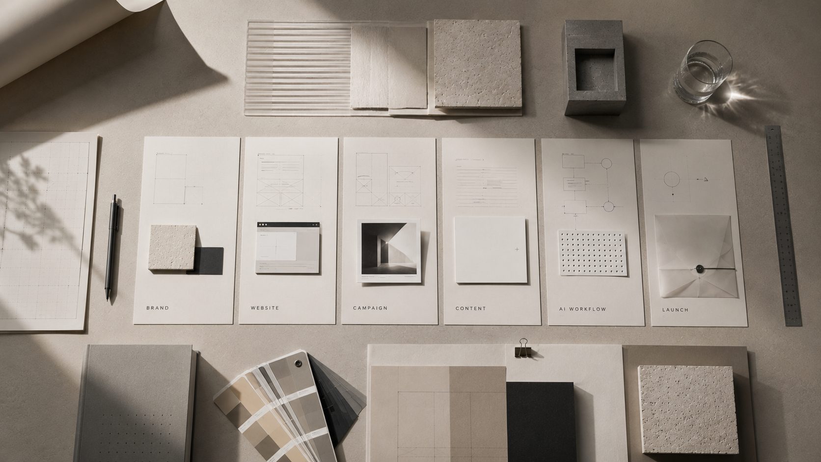Seven service specimens laid out: brand, website, campaign, content, AI workflow, launch