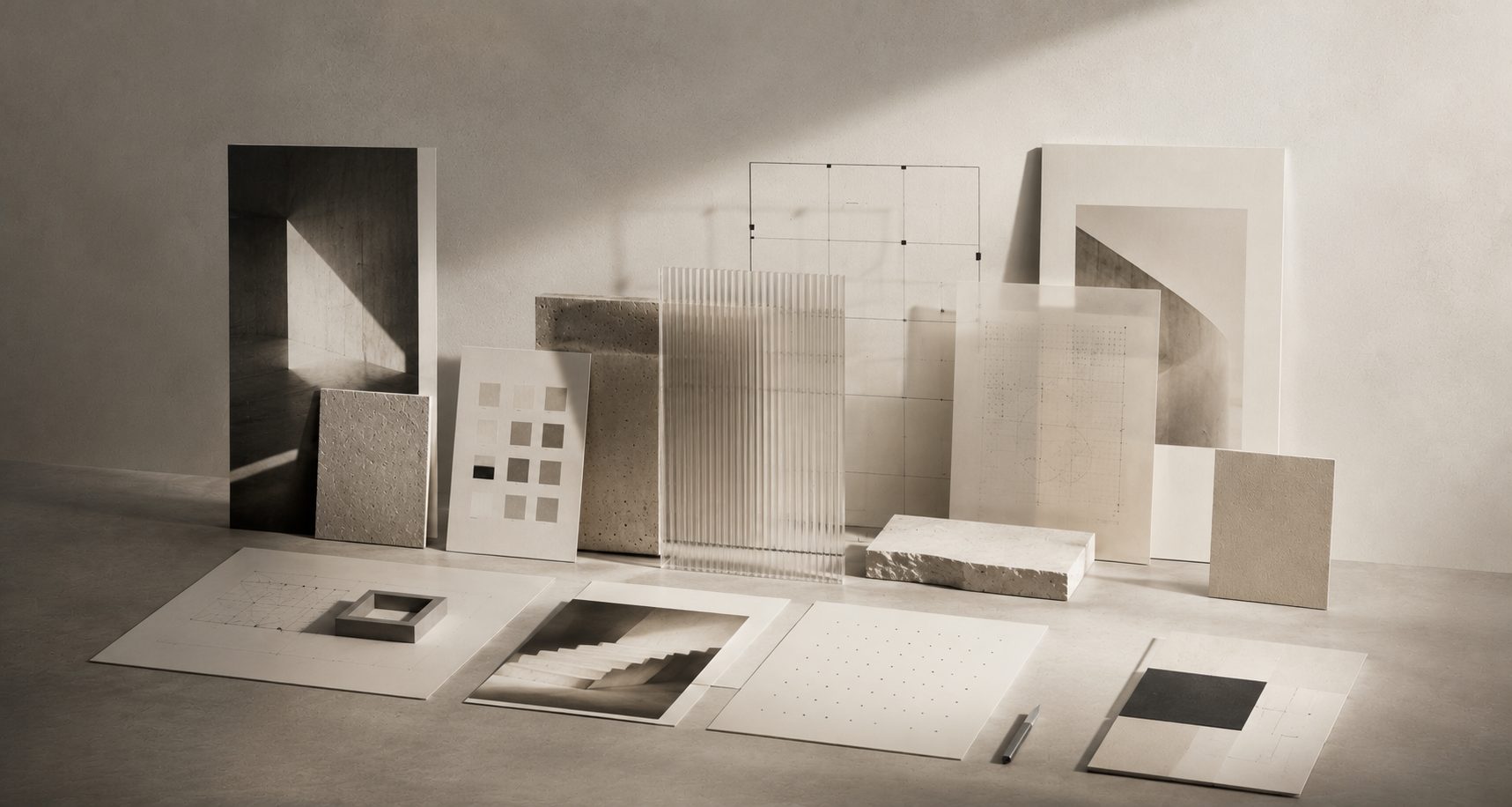 Material specimens: stone, fluted glass, swatch grid and technical sheets
